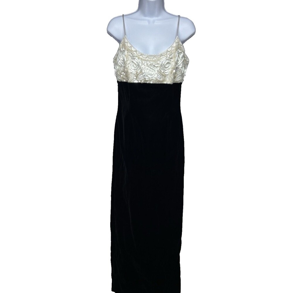 VTG Scott McClintock Women's 10 Formal Gown White Beaded Black Velvet Straps